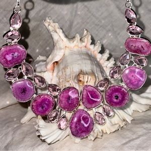 Stunning Solar Quartz Druzy + Pink Topaz statement cluster necklace